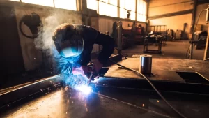 Soldador profissional com máscara de proteção realiza soldagem em chapa metálica em ambiente industrial iluminado pelo sol.